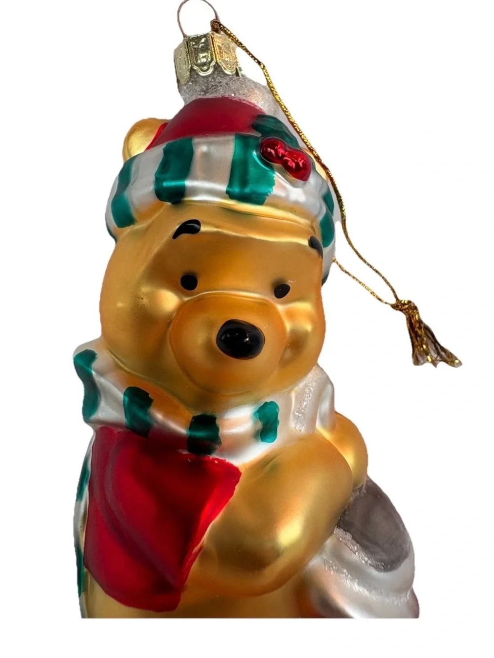 DISNEY Pooh Bear Vintage  CHRISTMAS Ornament Mouth Hand Blown Pooh with Stocking